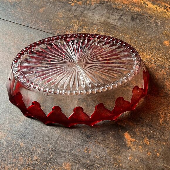 Vintage Decorative Oval Glass Bowl with Ruby Red Trim - Picture 3 of 5